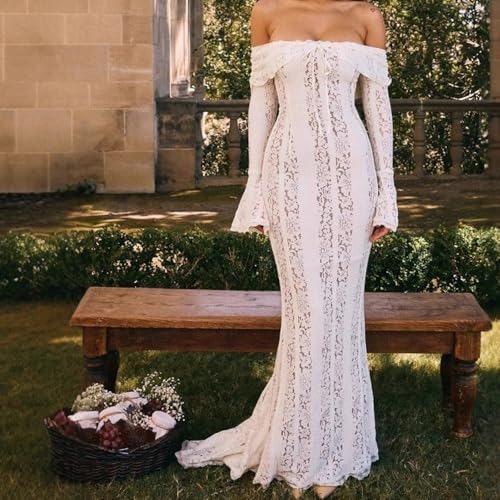 Women's Elegant and Sexy Dress, American Socialite Banquet Style one Neck Flared Sleeve lace Dress with Lining4