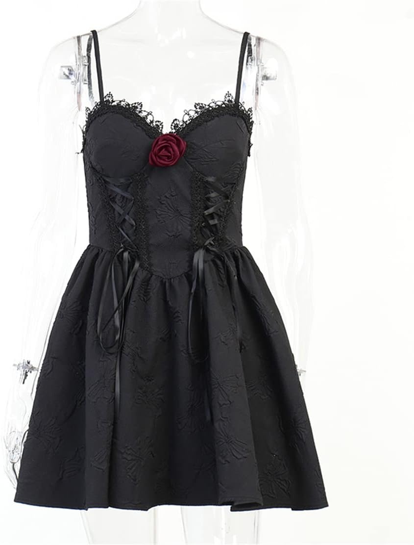 Gothic Mini Dress Goth A-Line Lace Patchwork Bandage Fairy Grunge Y2k Witch Pleated Dresses - Image 4