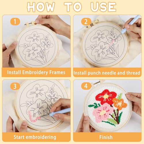 Image of ojustbeok 1 Set Punch Needle Embroidery Starter Kits Includes Punching Needling Fabric with Pattern, Yarns, Embroidery Hoops, Sewing Needles, Instruction for Adults Beginner DIY Handmade Crafts Gifts