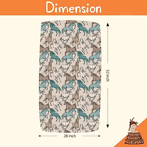 Image of Dear Baby Gear Baby Crib Sheets - Toddler Bed Sheets - Breathable Fitted Bed Sheet - Nursery Bedding - Crib Mattress Sheet for Girls & Boys - 52x28x10 (Tan Teal and Cream Horses on Natural Print)