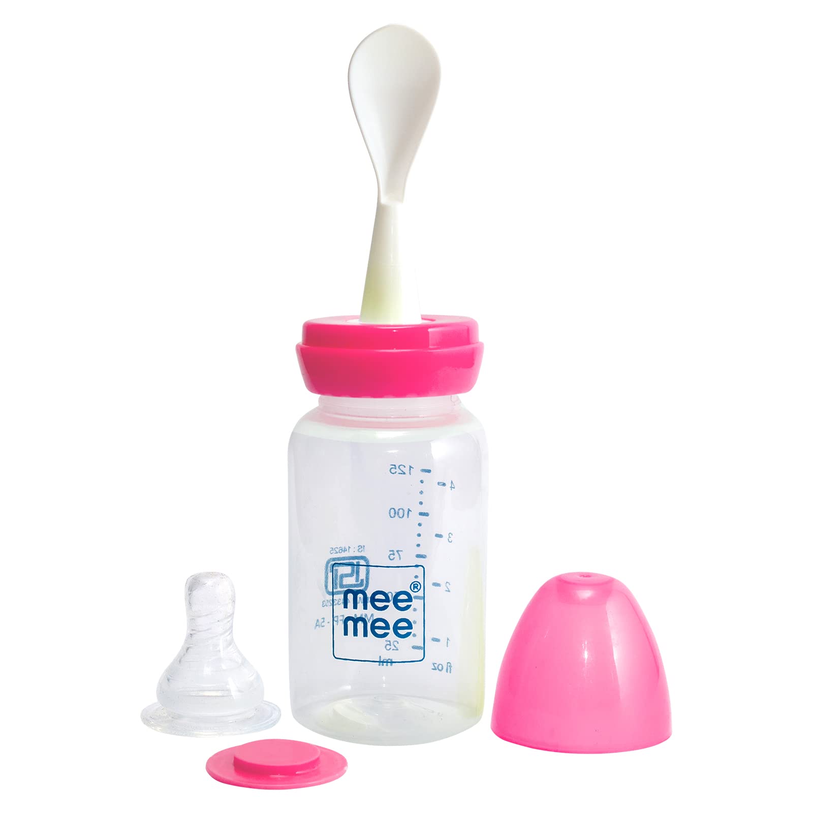 Mee Mee 125ml 2 in 1 Baby Feeding Bottle with Spoon (Pink)
