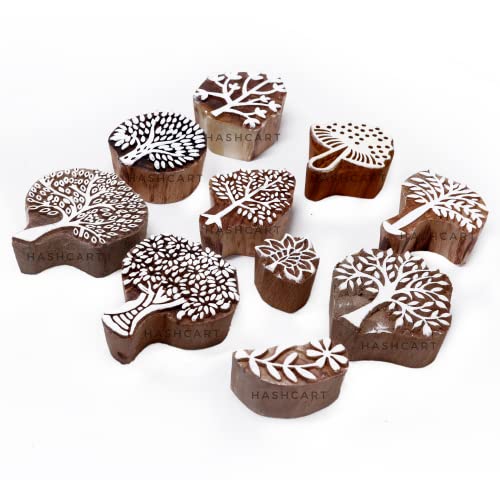 Image of Hashcart | Set of 10 | Wooden Tree Shape Printing Stamps Designer Baren for Blocks Printing | Scrapbooking | Fabric Designing | Project Making | Art Craft | Pottery Craft