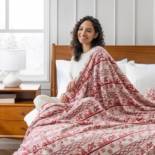 Image of Berkshire Peanuts VelvetLoft Cute Character Snoopy Plush Blanket,Cozy Fairisle Crimson Neutral,King 90 in x 108 in (Official Peanuts Product)