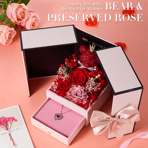 Eeuwige Roos Geschenk voor Vrouwen | met Hartvormige Halsketting voor Dames | Infinity Roos en Mosbeer Cadeaudoos voor Mama, Vrouw, Vriendin, Oma | Voor Verjaardag, Kerst, Valentijnsdag, Moederdag - Afbeelding 4
