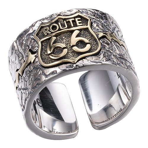 Larghezza:14mm;N.W.:17.13g ForFox Anello Route 66 Autostrada Americana in Argento Sterling 925 per Uomo Regolabile
