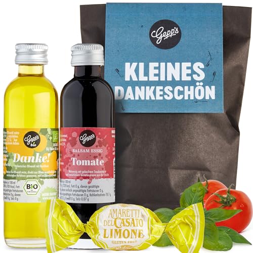 Gepp's Feinkost Wundertüte 'Danke' I kleines Dankeschön Geschenk mit Basilikum-Olivenöl, Essigspezialität Tomate und Amaretti I Gourmet-Geschenkset zum Danke sagen mit köstlichen Delikatessen