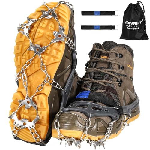HAVNIDY Crampones, Garras de Hielo para Zapatos y Botas, Garras de Nieve con 19 Puntas de Acero Inoxidable para Senderismo, Pesca y Paseos en Invierno (L)