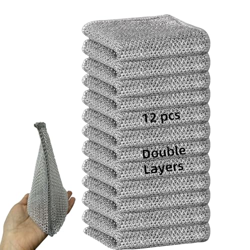 12pcs Double Layer Wire Dishwashing Cloth Cleaning Cloths Double-Decker Non Scratch Wire Dishcloth Kitchen Supplies Multipurpose Dishwashing Rags for Wet and Dry