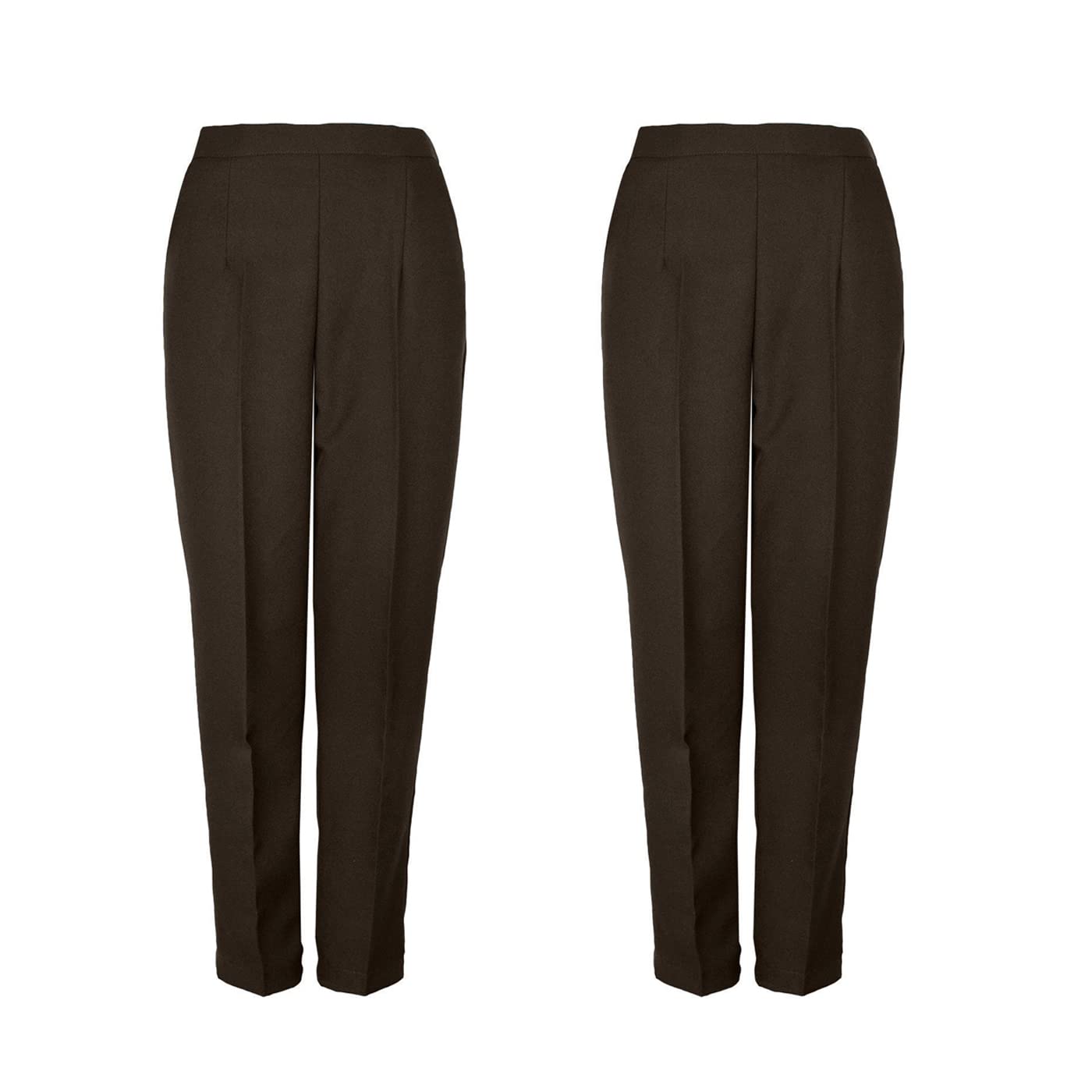 Sufiah Women's 2X Brown Pack Of 2 Half Elasticated Trouser Stretch Waist Casual Office Work Formal Pull On Trousers Pockets Uk Sizes (22 Long, )