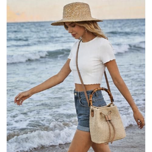 Image of RNIEGA Straw Crossbody Bag Summer Woven Bucket Bags for Women Beach Shoulder Purse Drawstring Handbag Vacation