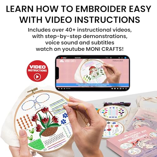 Image of Moni Crafts Adult Beginner Embroidery Kit - 4 Pre-Printed Patterns (Flower, Mushroom, Floral, Heart) - Learn 41 Stitches, Hand Embroidery Starter Craft Set