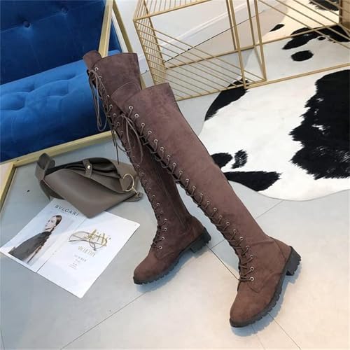 SACFOF Women's Over The Knee Low Heel Lace Up Tall Boots Thigh High Combat Casual Faux Suede Thigh High Riding Boots4
