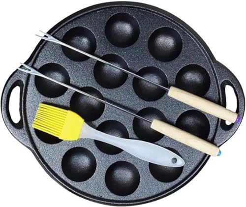 GEBYUI 家庭用 15 穴鉄製たこ焼き器 直火ガス対応両手鍋設計 平面グリル兼用焼き皿 焼きこぼれにくい??型調理器具 焼き串付きたこ焼き鍋 肉焼きも可能 清掃が容易な多機能たこ焼きプレート