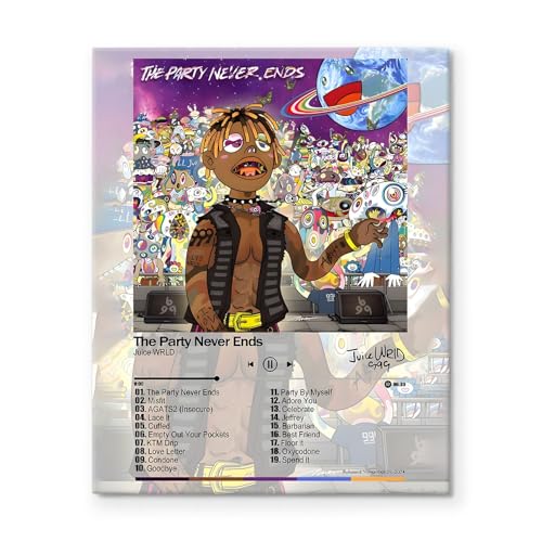Juice WRLD Canvas Wall Art Decor - The Party Never Ends Album Cover Music Poster, Colorful Cartoon...