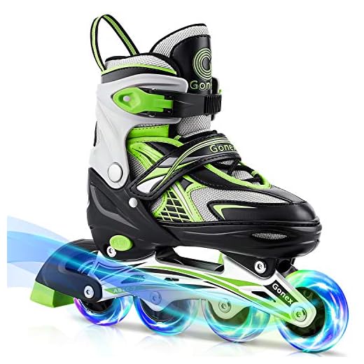 Gonex Inline Skates for Girls Boys Kids, Adjustable Skates Outdoor Blades Inline Roller Skates for Teens Women with Light Up Wheels for Indoor Outdoor Backyard Skating, Green L