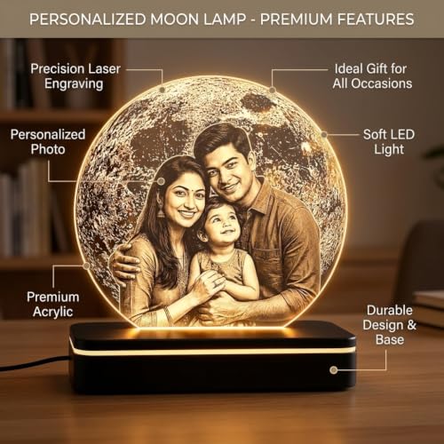 Image of Customized Photo Plaque | Personalized Printed Frame Acrylic Tabletop (Warm Moon Light, B&W - Engraving)