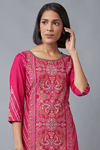 Image of W for Woman Viscose Women Dark Floral Pleated Regular Kurta in Round Neck