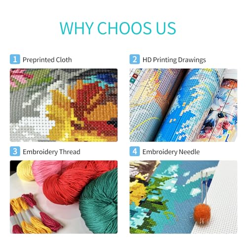 Image of CROSSDECOR Cross Stitch Kits for Adults,Stamped Cross Stitch Kits,14 CT Patterns Dimensions Counted Cross Stitch Kits for Arts Craft Kits,Christmas Cottage 5.9x6.7in