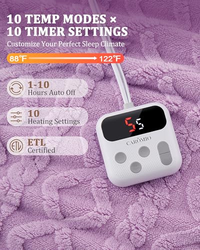 CAROMIO Electric Blanket Full Size - Thick Tufted Sherpa Heated Blanket Full Size with 10 Heating Levels and 10 Time Settings, ETL Certified Machine Washable Fast Heating Blanket Full 72"×84", Purple