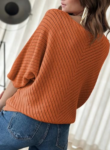 Image of Dokotoo Womens Plus Size 3 /4 Sleeve V Neck Loose Pullover Knit Sweaters for Women Fall Tunic Tops Jumper Knitted Casual Top Lightweight Summer Sweater 2026 Trendy Orange XX-Large