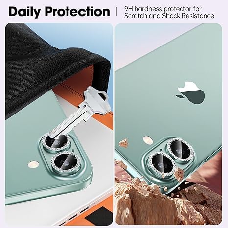 Image of for iPhone 16 /16 Plus Camera Lens Protector Bling Individual Metal Diamond Ring 9H Hardness Scratchproof Protector, Stylish Phone Accessories, Case Friendly (Green Diamond)