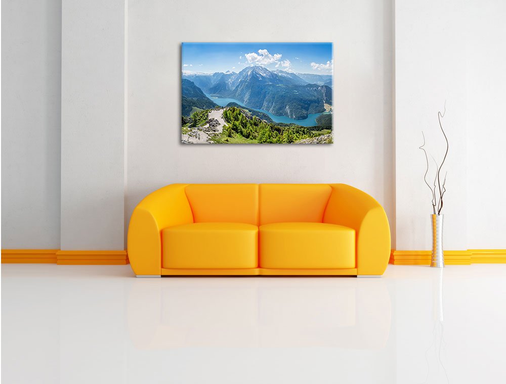 Pixxprint Blick vom Berg über dem Königssee in Bayern, Größe: 120x80cm, Leinwandbild, fertig gespannt, Wandbild, Dekoration, Kunstdruck, kein Poster