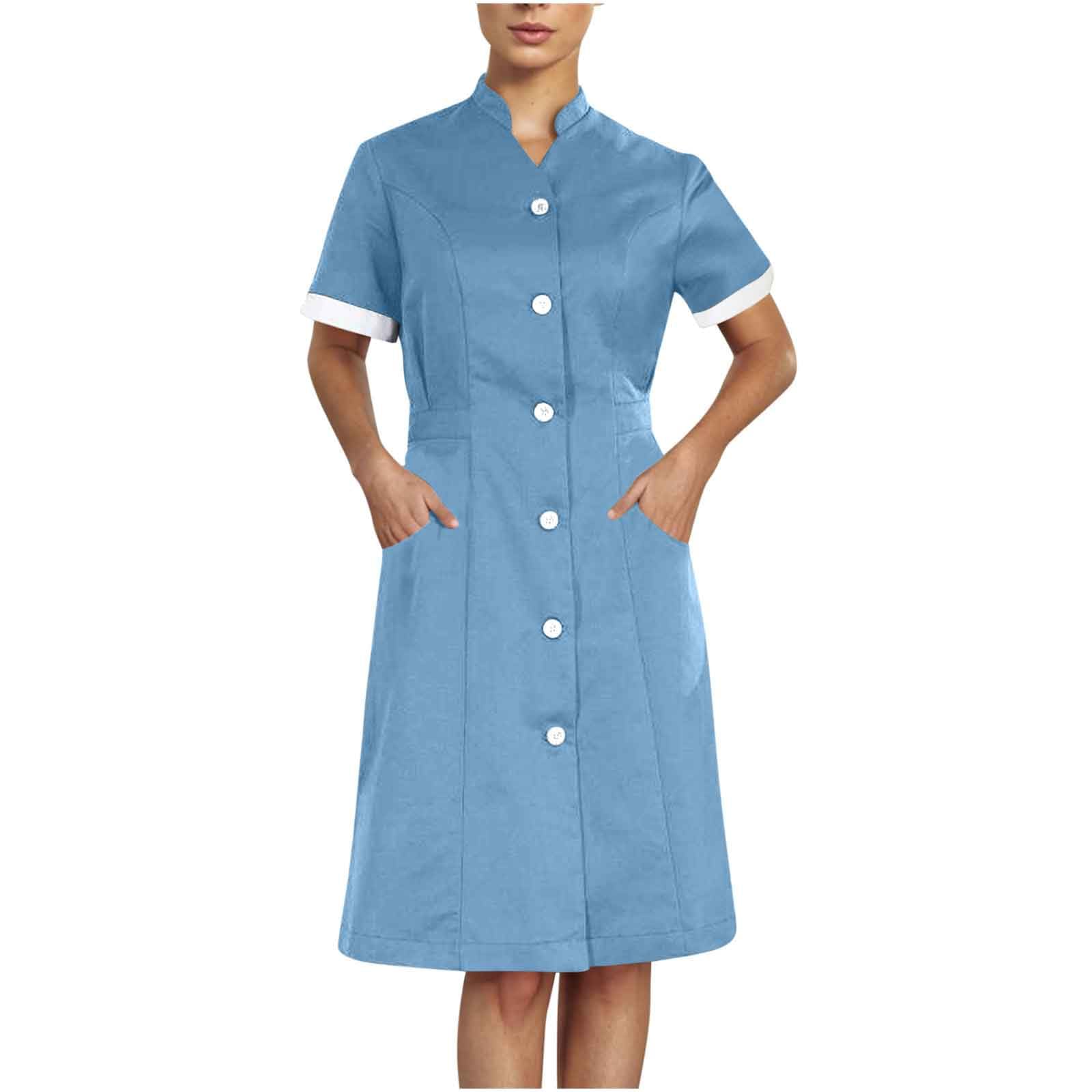 Womens Button Down Scrub Dresses Short Sleeve Loose Dress 2025 Housekeeping Maid Uniform Dress Workwear Pockets