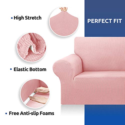 KEKUOU Stretch Sofa Cover Slipcover ,Couch Covers for 3 Cushion Couch Sofa pet Friendly (78"-94") Furniture Protector Sofa with Elastic Bottom for Kids,Dog, Jacquard Small Checked(Large,Dusty Pink)