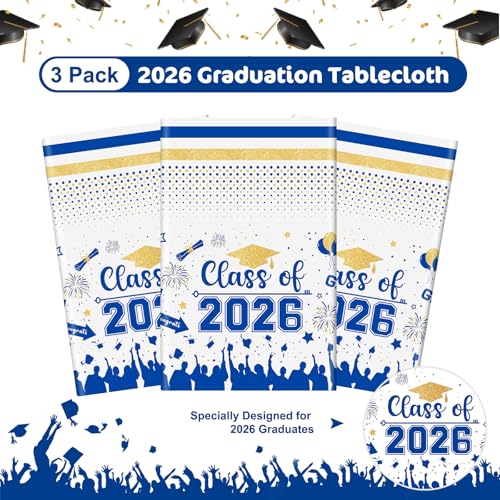 Image of Graduation Decorations Class of 2026 Tablecloth - 3 Pcs Plastic Congrats Grad Table Cloth, Graduation Table Cover for Graduations Party Decorations 2026 and Party Supplies, 54 inchx108 inch (Blue and Gold)