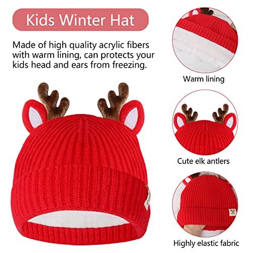 Kids Winter Beanie Hat Scarf Gloves Set for Girls Boys, Kids Toddler Knit Elk Antlers Hat Scarf Gloves Set for Winter, Christmas, New Year(Age: 2-6)2
