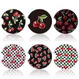 Sieral 6 Pcs Cherry Car Coasters for Cup Holders 2.56 Inch Cute Red and Black Absorbent Cork Base with Finger Notch Cherry Car Accessories for Women Men