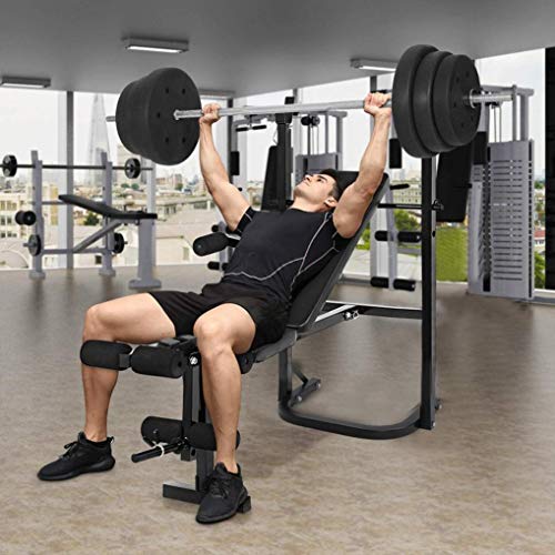 HUZONG Foldable Olympic Workout Weight Bench with Squat Barbell Rack, Adjustable Press Incline Bench, Preacher Pad, Leg Extension, Strength Training Weightlifting Fitness Equipment for Home/Office/Gym