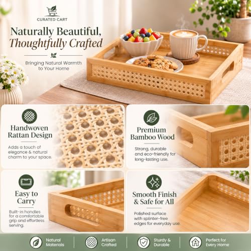 Image of Curated Cart Bamboo Serving Tray with Cut-Out Handles - Rattan Cane Woven Base - Eco-Friendly Rustic Tray for Coffee Table, Breakfast (Tray -Rectangle-3P-S,M,L)