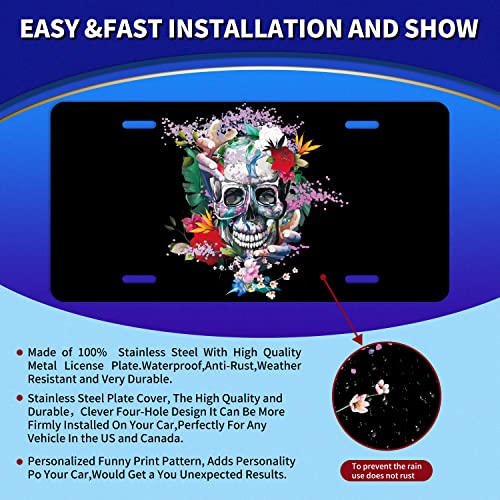 Rose Skull With Flower Car Front License Plate Cover Colorful Candy Skull Floral Personalise License Plate Rust-Proof Stainless Steel Metal Car Plates Tag Novelty Decorative 12.2" X 6.2"Men Women #TOP5