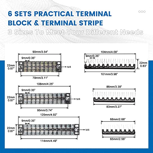 Greluma Klemmenblock und Streifen – 6 Sets 8/10/12 Positionen 600V 15A Zweireihiger Schraubklemm-Leisten-Block mit Abdeckung + 400 V 10 A vorisolierte Klemmen Absperrstreifen Jumper