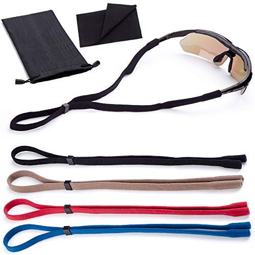 Sunglasses Glasses Straps - 4 Pack - Adjustable Universal Fit Retainer Holders - Carrying Case and Lens Cloth