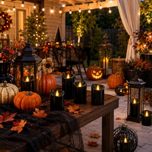 Image of Flameless Candles 4 inch 5 inch 6 inch Set of 3 Outdoor Indoor Black Pillars Battery Operated Flickering Candles with Cozy Climbing Flame Effect, 10-Key Remote Timer, Plastic LED Candles for Wedding Decor