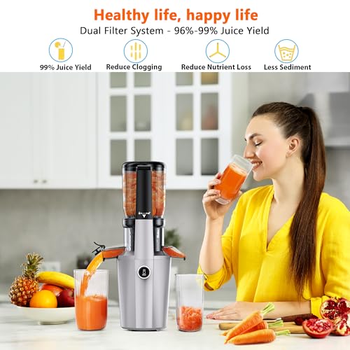 Cold Press Juicer Machine, Slow Masticating Juicer with 96% Yield, Wide Chute for Whole Fruits, Ultra Quiet (<60dB) for Leafy Greens & Celery (Silvery) - Thumbnail 2