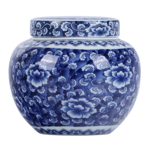 Blue and White Porcelain Round Ginger Jar with Lid, Ceramic Chinoiserie Chinese Style Decorative Jar for Home Decor, Storage for Snacks, Key Chains, Coffee Beans (Pure Blue)