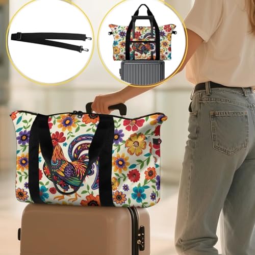 BIGCARJOB Chicken Duffel Bag Outdoor Carry On Garment Duffel Bag, Hippie Floral Duffel Bags Weekender Gym Bags Tote Overnight Storage Pouch for Travel3