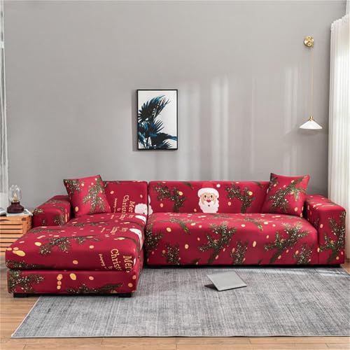 Funda de sofá de Navidad, Funda de sofá de 4 plazas, Juego de Funda de sofá Estampada de Tela elástica, Fundas de sofá para el hogar, decoración navideña
