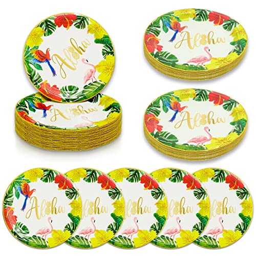 CONEHOY 100 Pcs Flamingo Plates Hawaiian Aloha Paper Plates 7” Disposable Dinner Dessert Plate Tableware Set Luau Tropical Themed Party Supplies Summer Holiday Beach Picnic Birthday Party Decorations