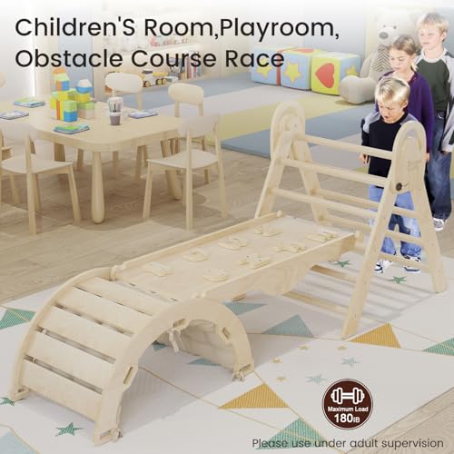 Image of ElegantCrafts Pikler Triangle Set with Cushion, Montessori Climbing Set, Indoor Climb Toys, Indoor Playground Jungle Gyms, 9 Combinations Climbing Toy Set for Toddler, Baby, Kids 1-4