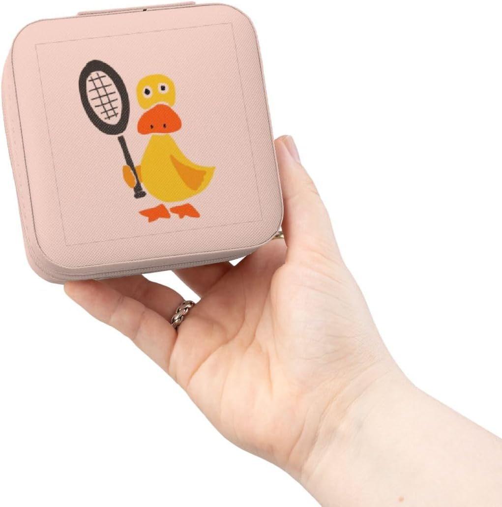 3dRose Funny Yellow Duck Holding Tennis Racquet Primitive Art Jewelry Travel Case Pink