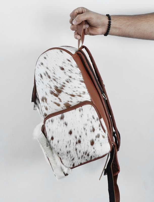 Cowhide Leather Backpack Hair-On Hide Western Knapsack - Brown & White Genuine Leather Travel Shoulder Bag, Diaper Bag, College & Everyday Use