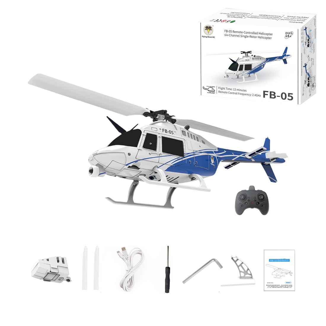 FB-05 6-Kanal-RC Helikopter mit LED-Beleuchtung, 2,4-GHz-Fernsteuerung, optischer Flusspositionierung und barometrischer Höhenhaltung, EVA-Schaumstoff-Modell für Einsteiger (Blau/1 Batterie)