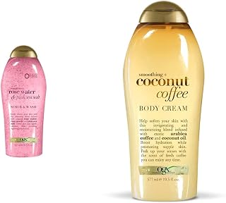 OGX Smoothing Coconut Coffee and Rosewater Pink Sea Salt Body Scrub and Wash Bundle, 19.5 oz