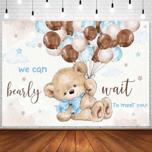 Withu We Can Bearly Wait Backdrop for Baby Shower Party Decorations Banner Bear Watercolor Brown Blue Balloons Clouds Newborn Gender Reveal Themed Photography Background 7x5ft