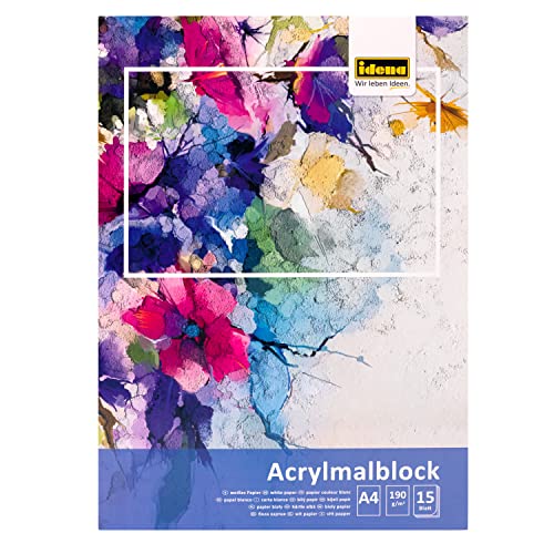Idena 68163 - Acrylmalblock A4 mit 15 Blatt weißem, fein strukturiertem Papier zu 190g/qm, Zeichenblock für Acrylmalerei & Wasserfarben