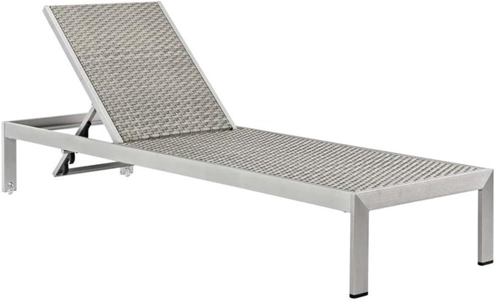 Pemberly Row Reclining Patio Chaise Lounge, 76" Wicker Turquoise Cushion, Silver Aluminum Frame, Adjustable Height, Dual Wheels, Outdoor Sun Lounger for Garden or Pool Use